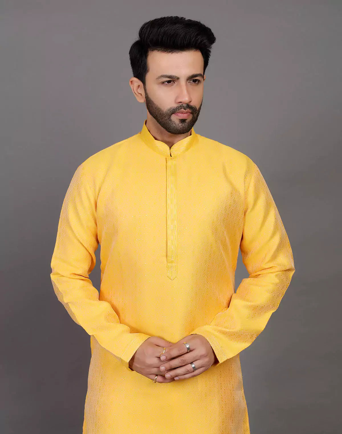 Self Design Thread With Stones Work Yellow Soft Silk Kurta Set