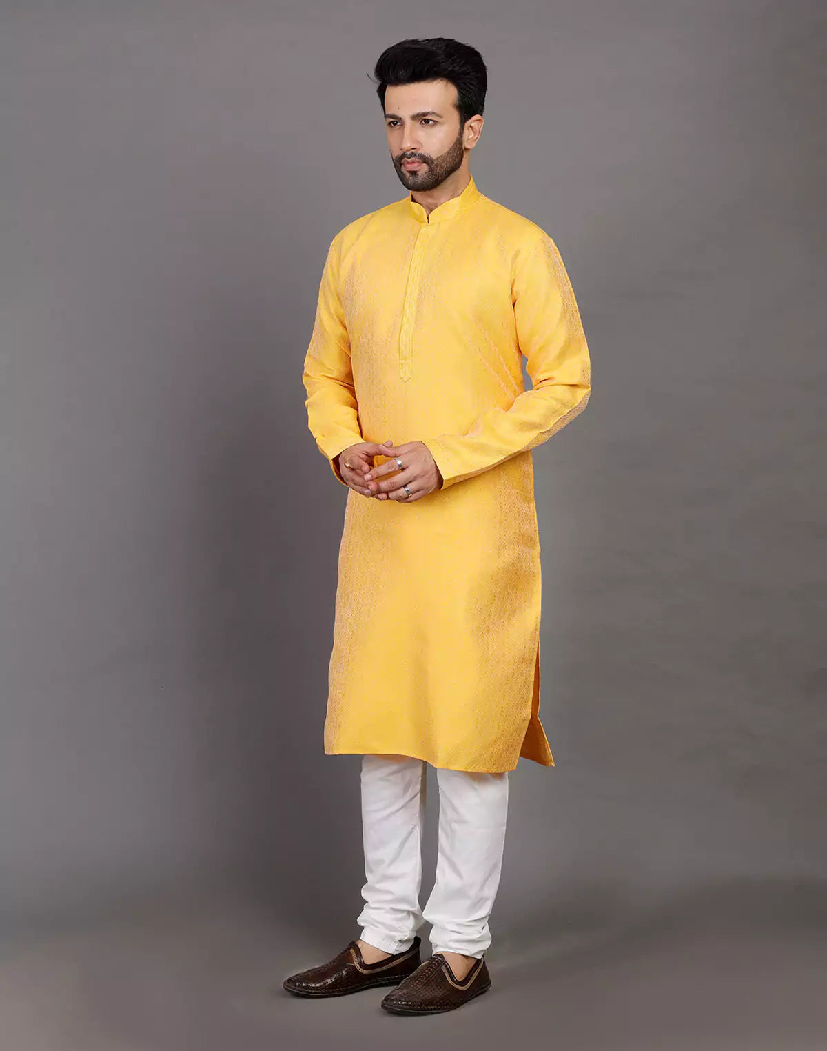 Self Design Thread With Stones Work Yellow Soft Silk Kurta Set
