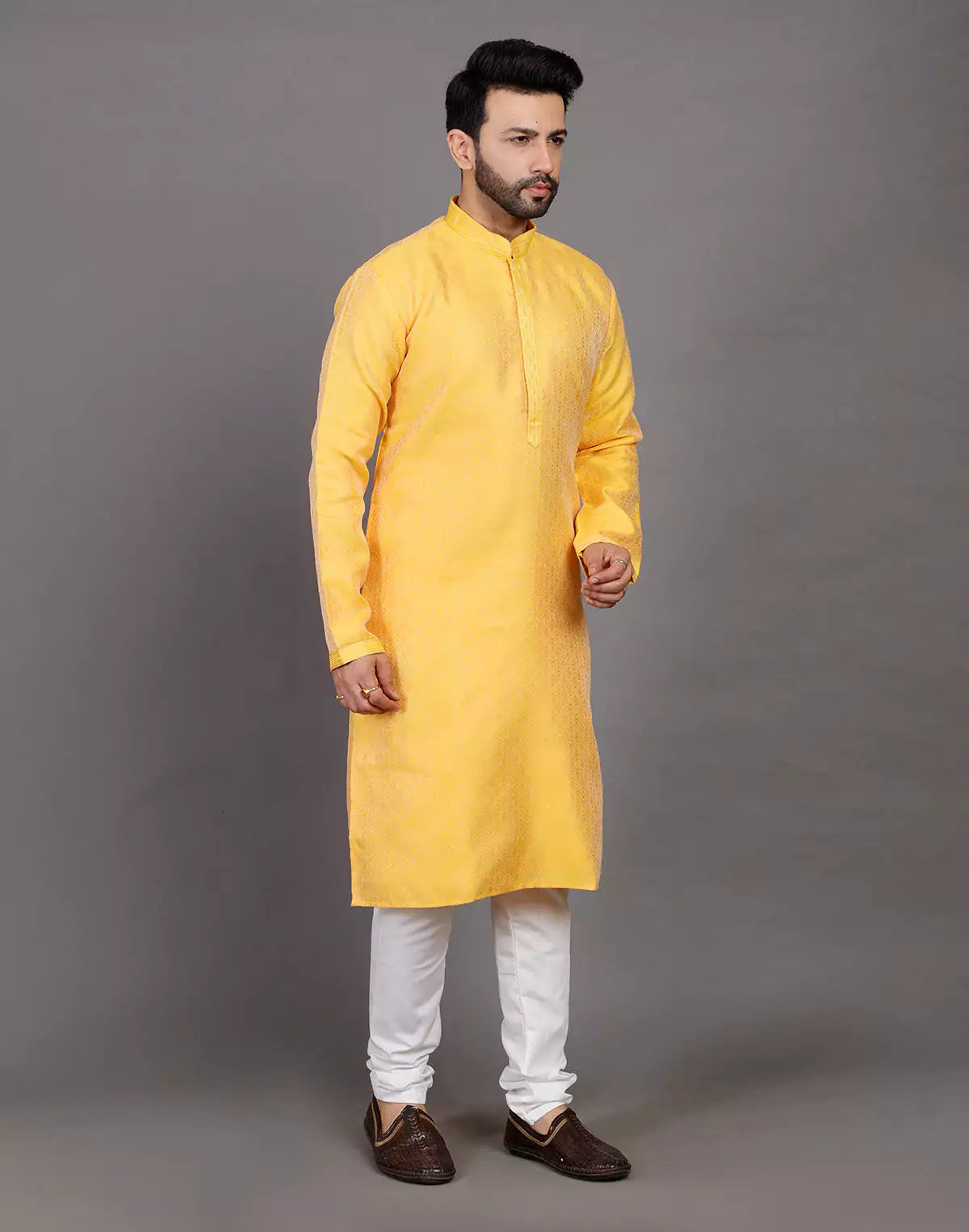 Self Design Thread With Stones Work Yellow Soft Silk Kurta Set