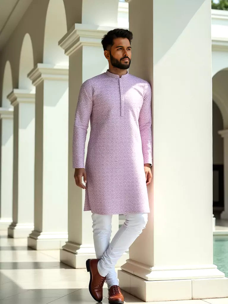 Lavender All Over Self Design Lucknowi Thread and Embroidery Kurta Pyjama Set
