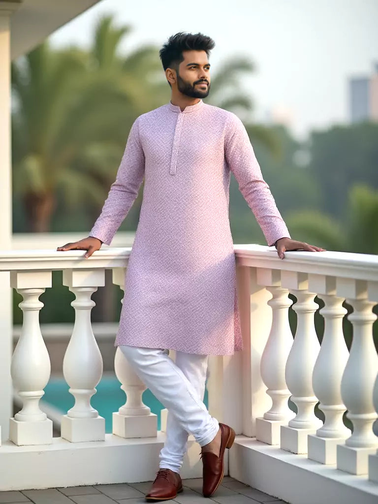 Lavender All Over Self Design Lucknowi Thread and Embroidery Kurta Pyjama Set