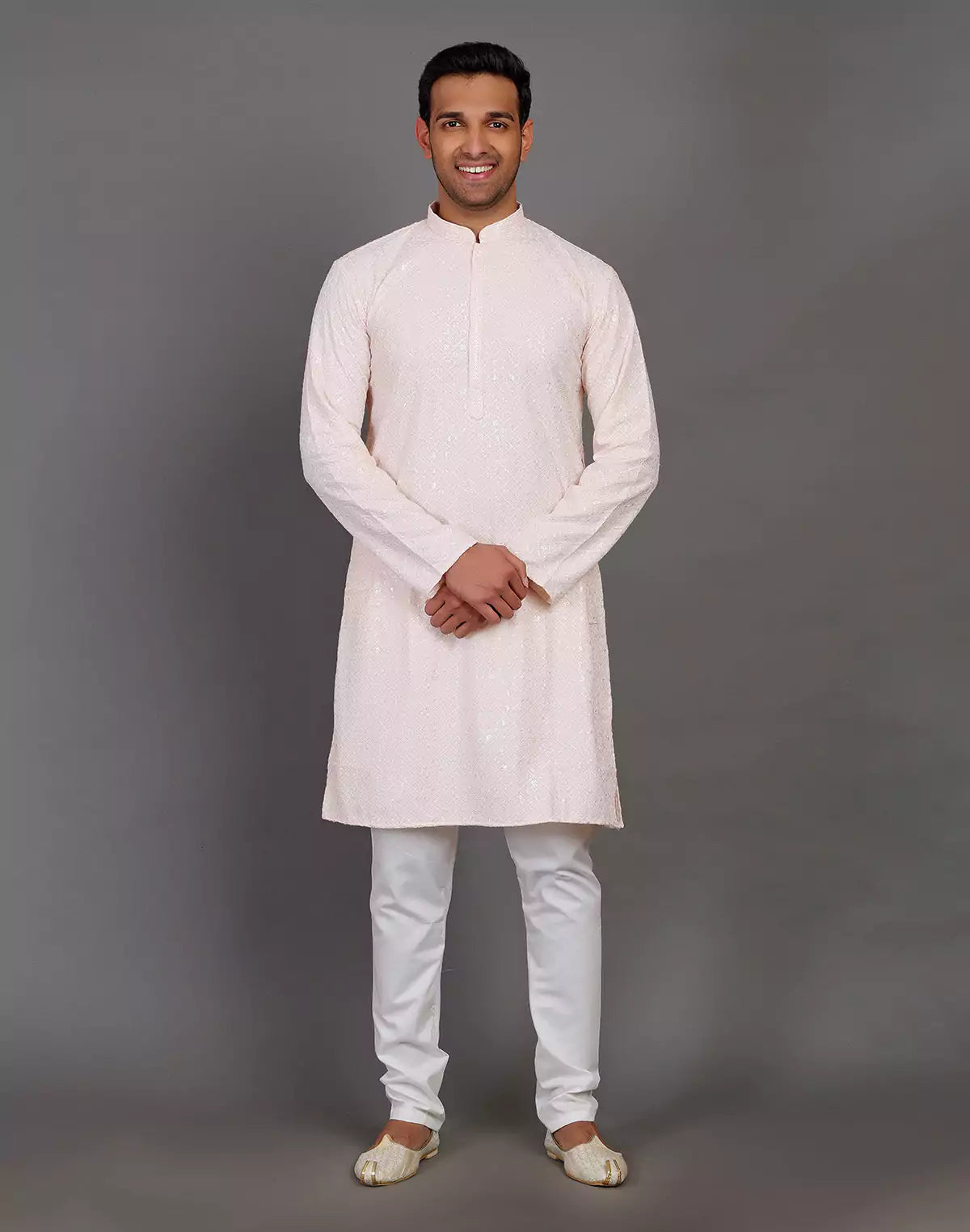 Elegant Peach Thread and Sequence Design Georgette Kurta Pyjama Set