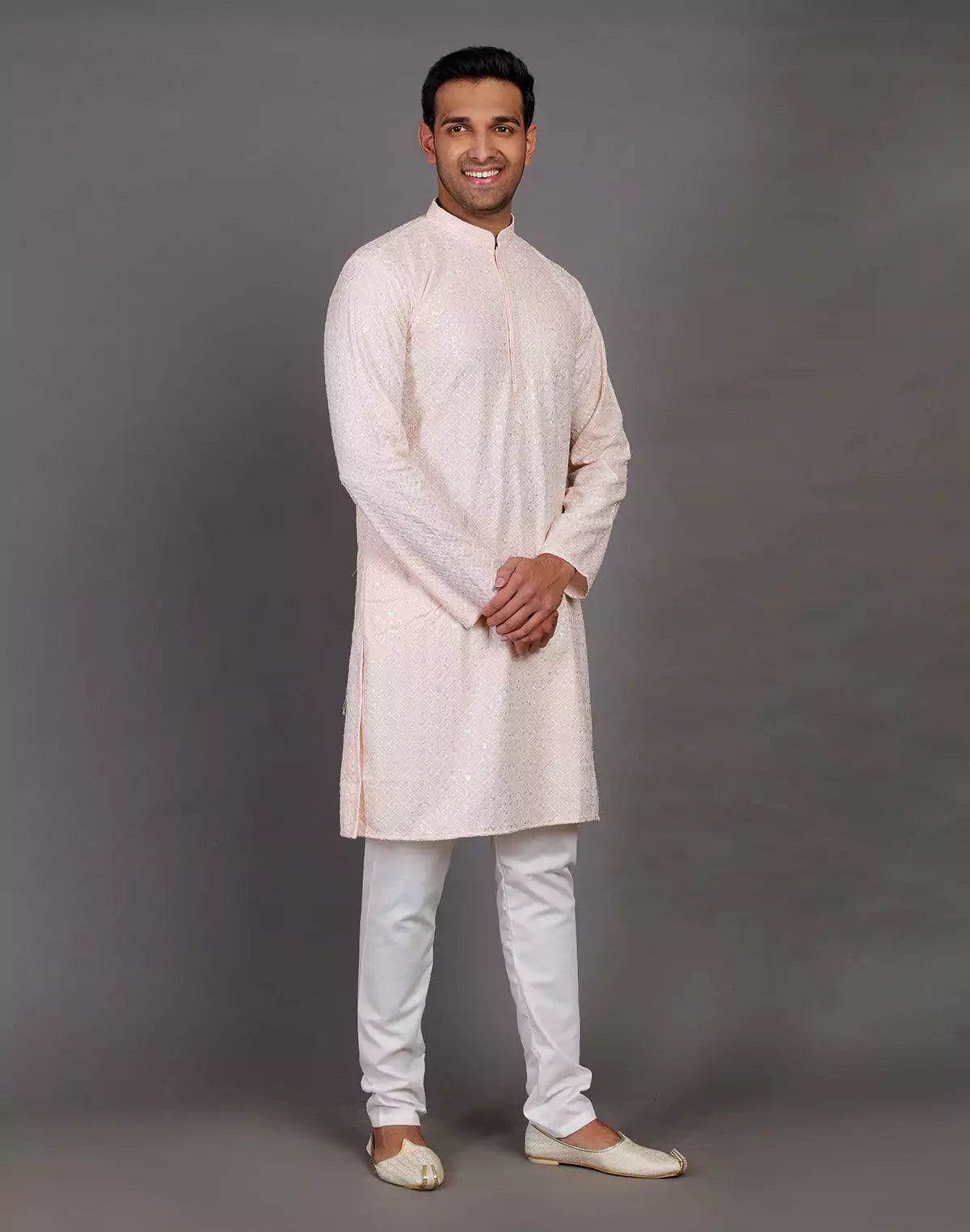 Elegant Peach Thread and Sequence Design Georgette Kurta Pyjama Set