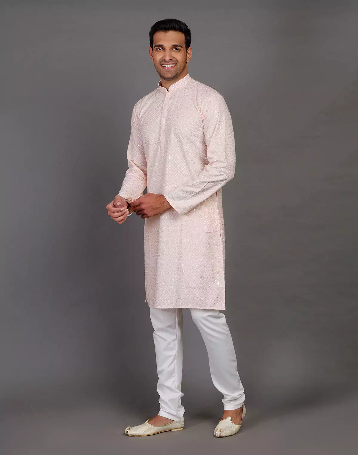 Elegant Peach Thread and Sequence Design Georgette Kurta Pyjama Set