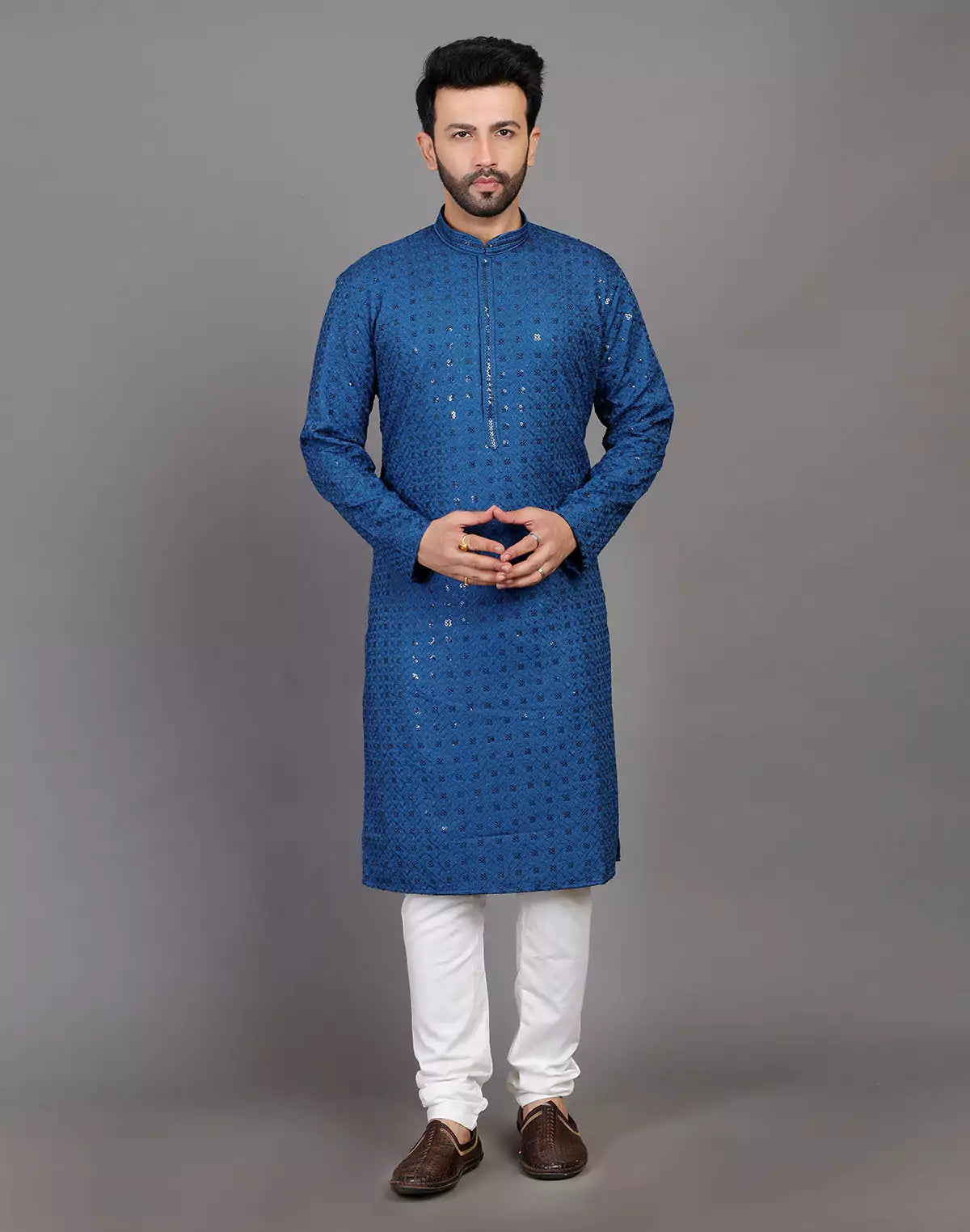 Peacock Blue Thread and Sequence Design Georgette Kurta Pyjama Set