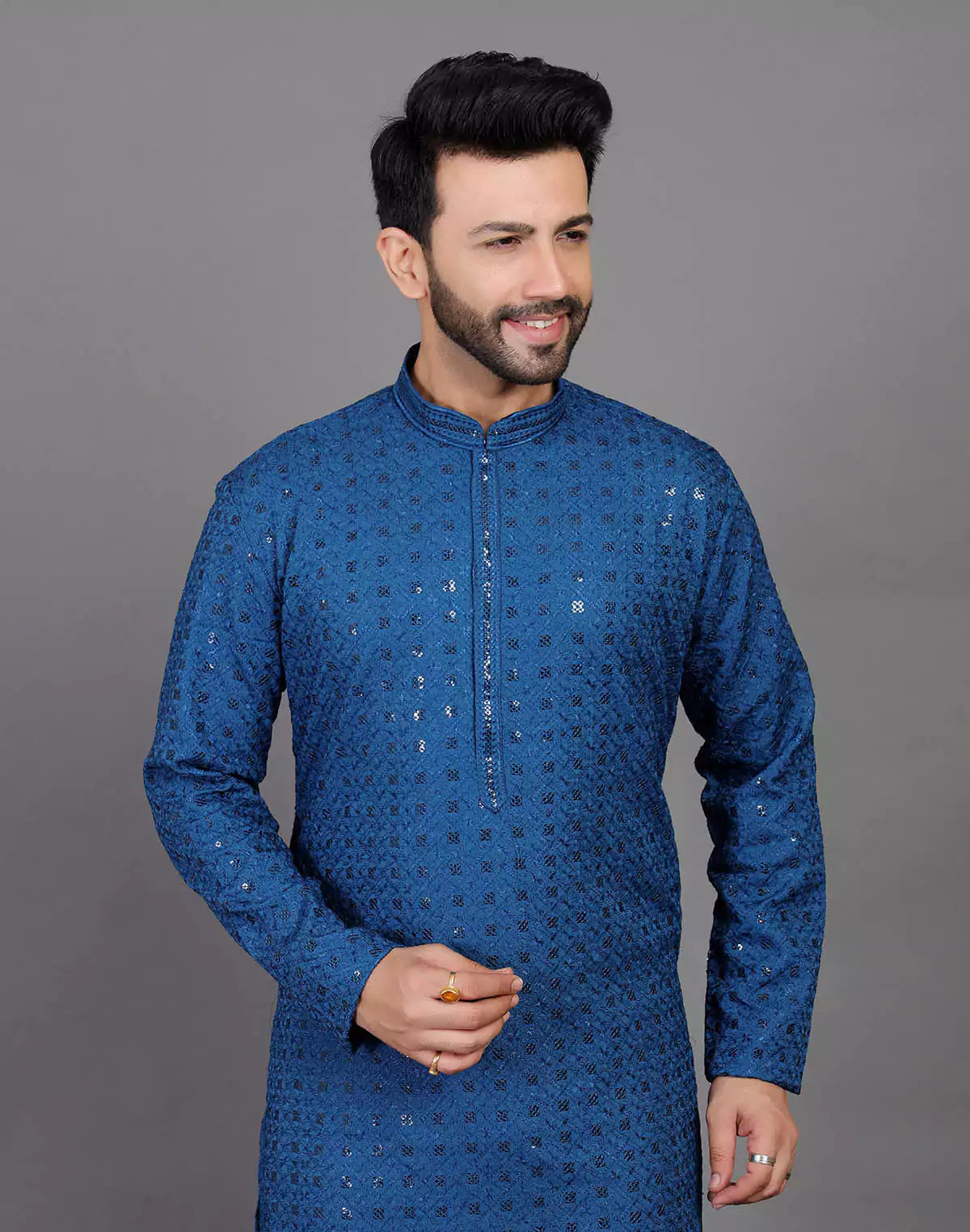 Peacock Blue Thread and Sequence Design Georgette Kurta Pyjama Set