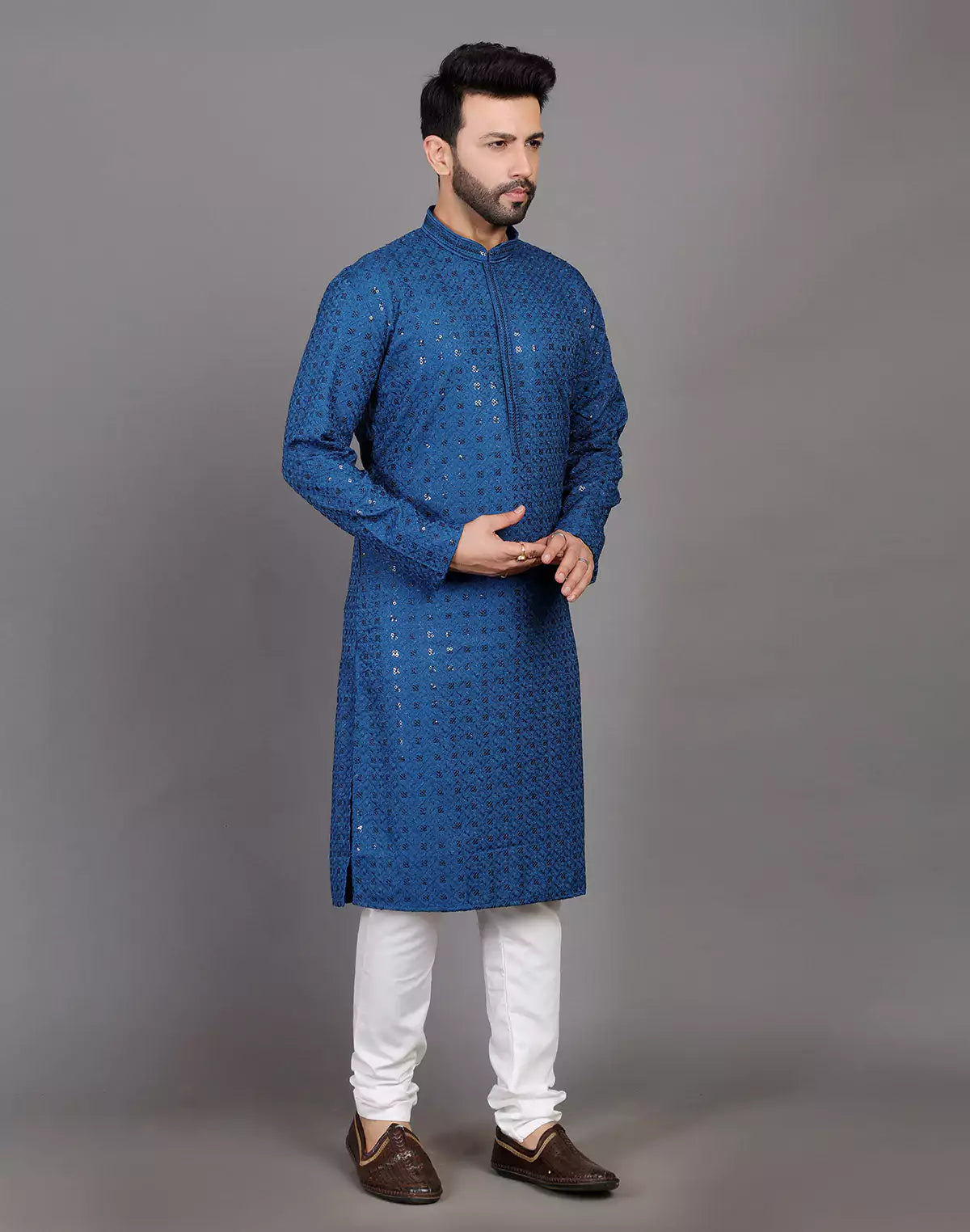 Peacock Blue Thread and Sequence Design Georgette Kurta Pyjama Set