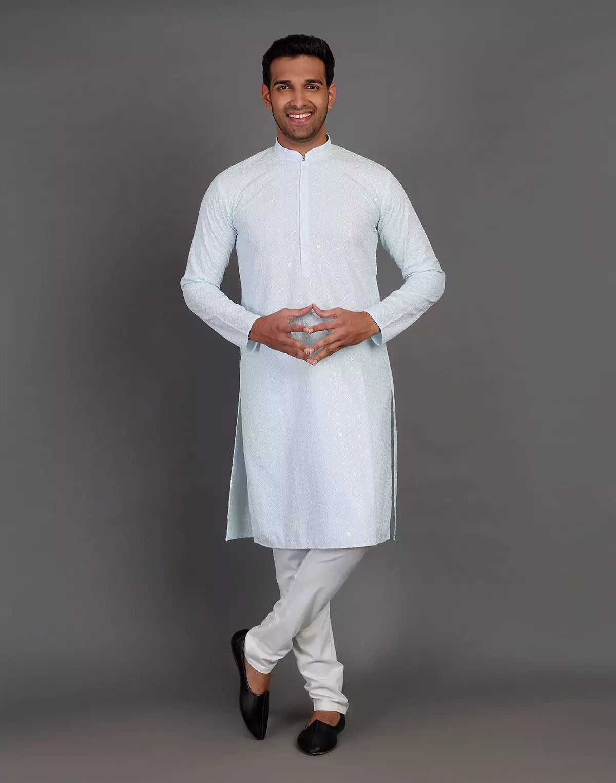 Sea Blue Self Thread and Sequence Design Georgette Kurta Pyjama Set
