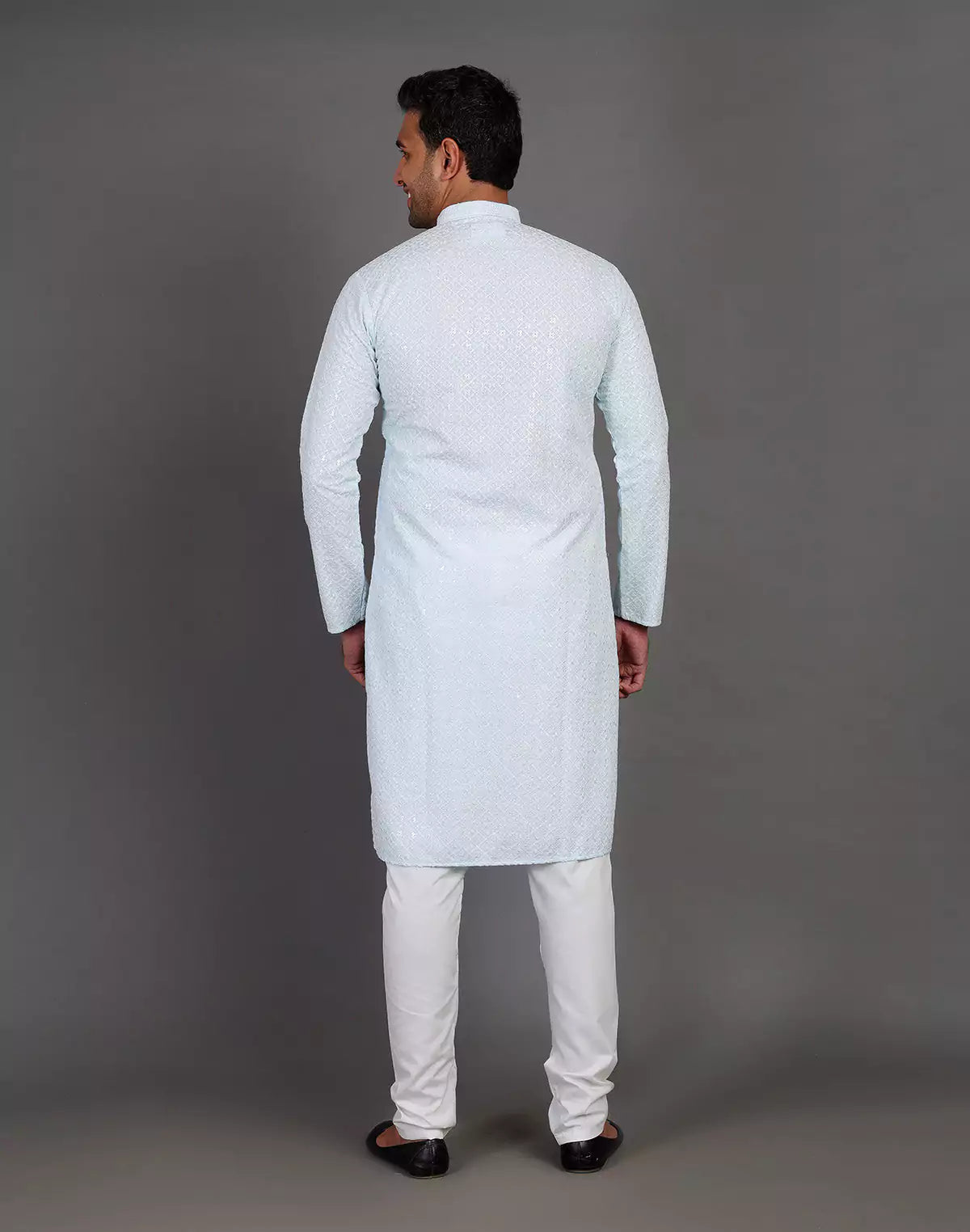 Sea Blue Self Thread and Sequence Design Georgette Kurta Pyjama Set