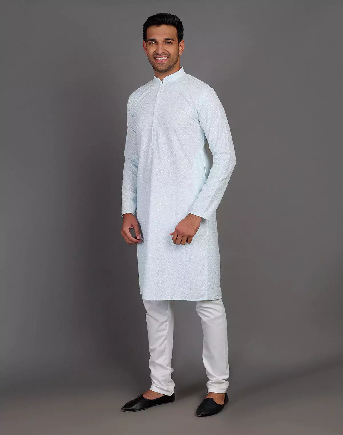 Sea Blue Self Thread and Sequence Design Georgette Kurta Pyjama Set