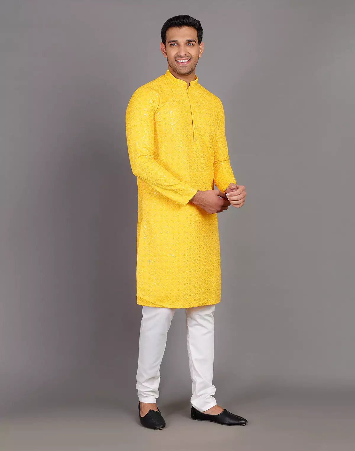 Self Thread and Sequence Design Yellow Georgette Kurta Pyjama Set