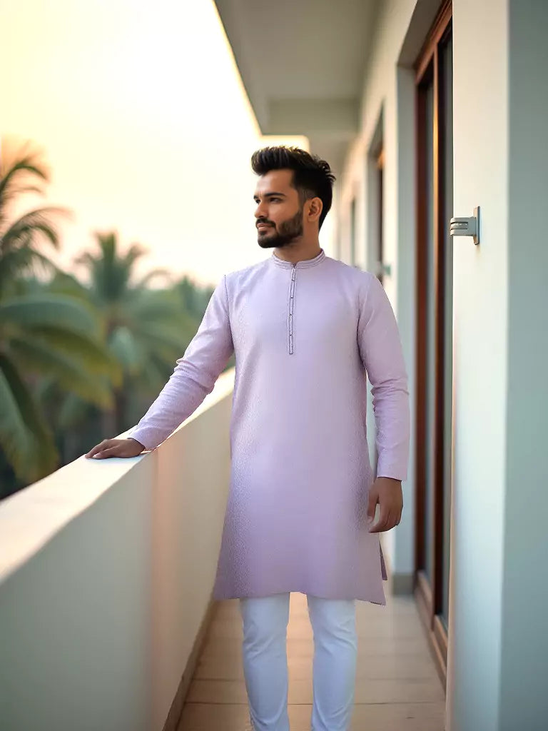 Light Pink Self Design Raw Silk Kurta Pyjama Set