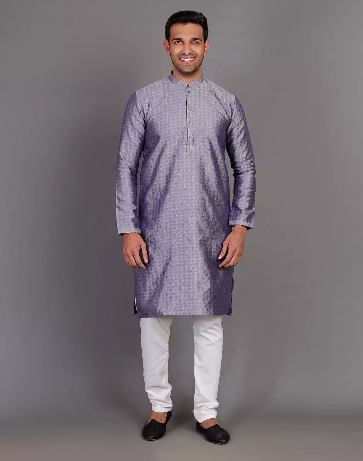 Grey Coloured Self Design Stones Work Soft Silk Kurta Set
