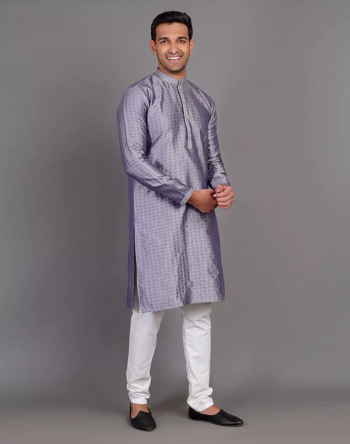 Grey Coloured Self Design Stones Work Soft Silk Kurta Set