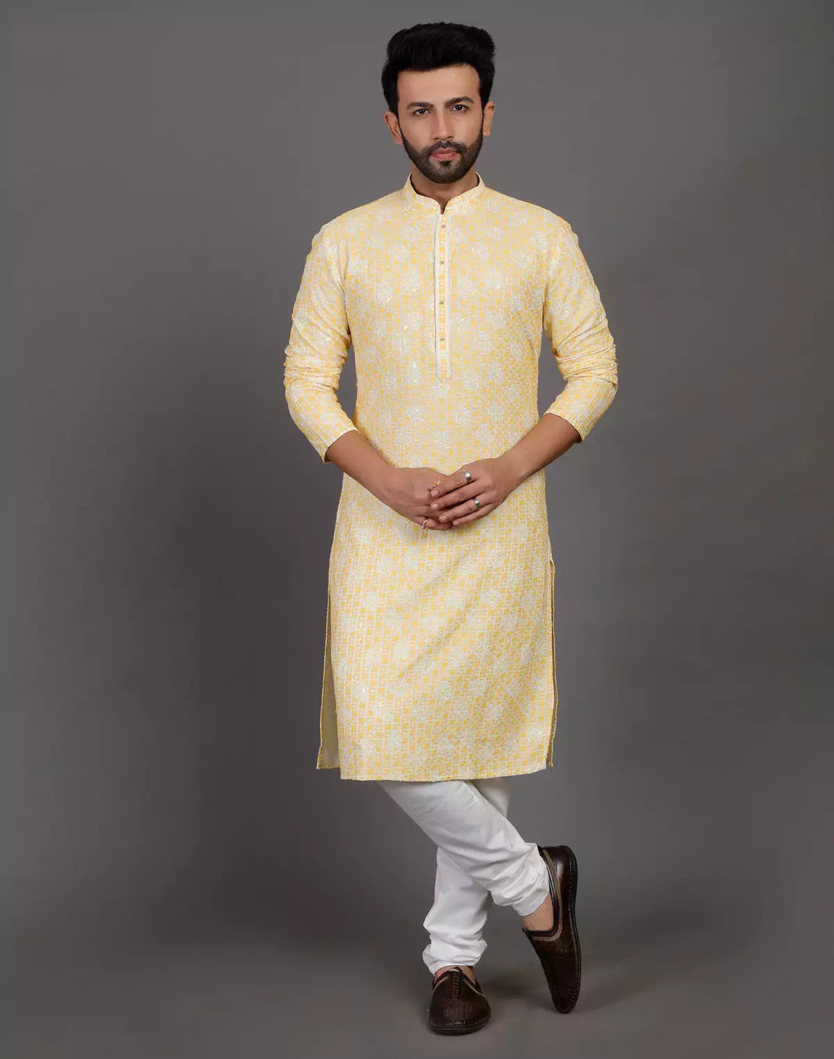 Floral design embroidery work cotton silk yellow color kurta pyjama set
