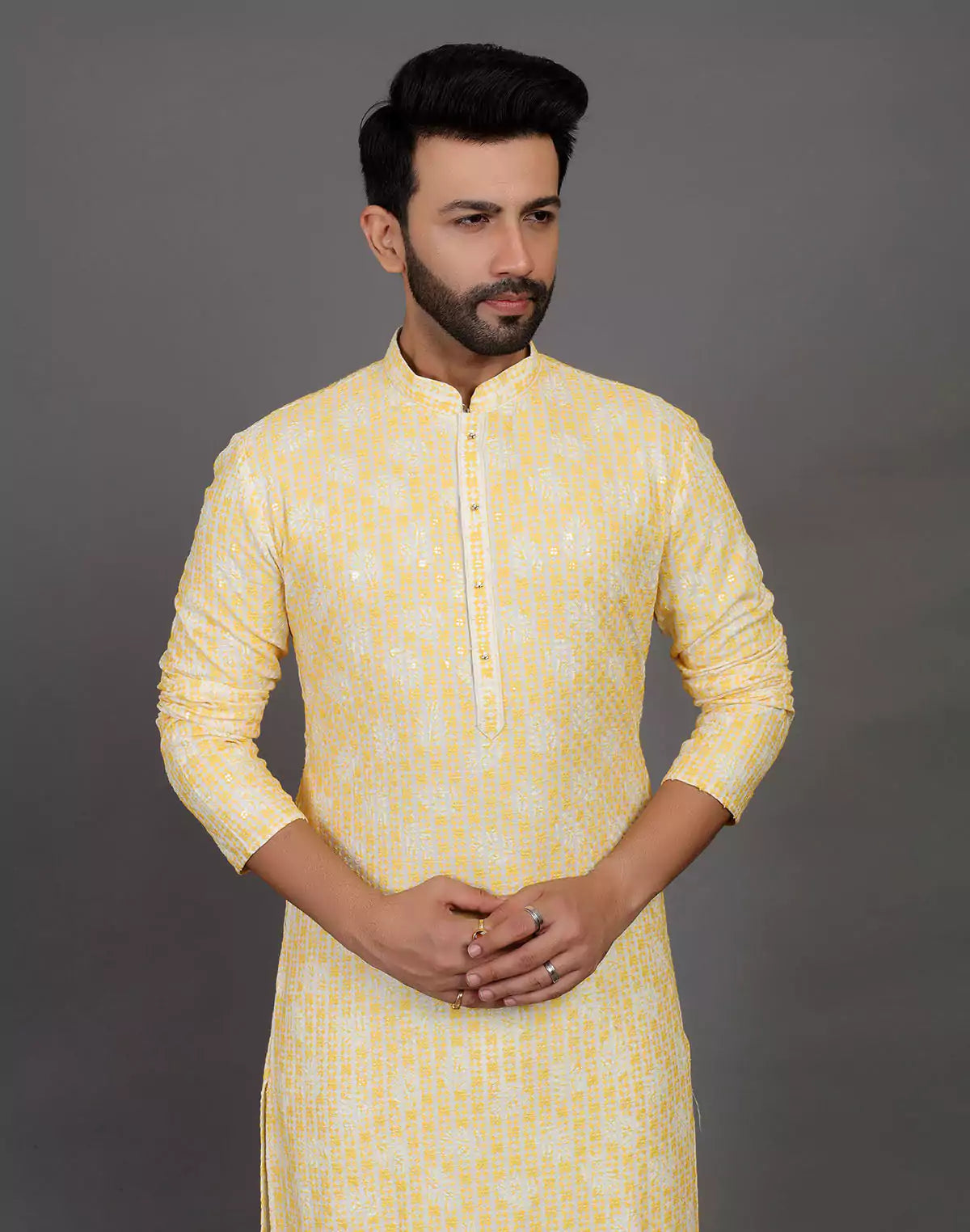 Floral design embroidery work cotton silk yellow color kurta pyjama set