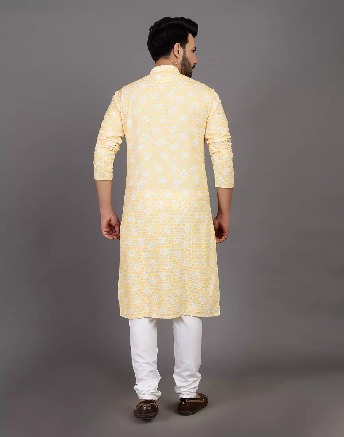 Floral design embroidery work cotton silk yellow color kurta pyjama set