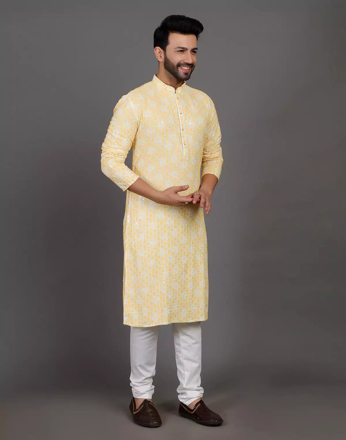 Floral design embroidery work cotton silk yellow color kurta pyjama set