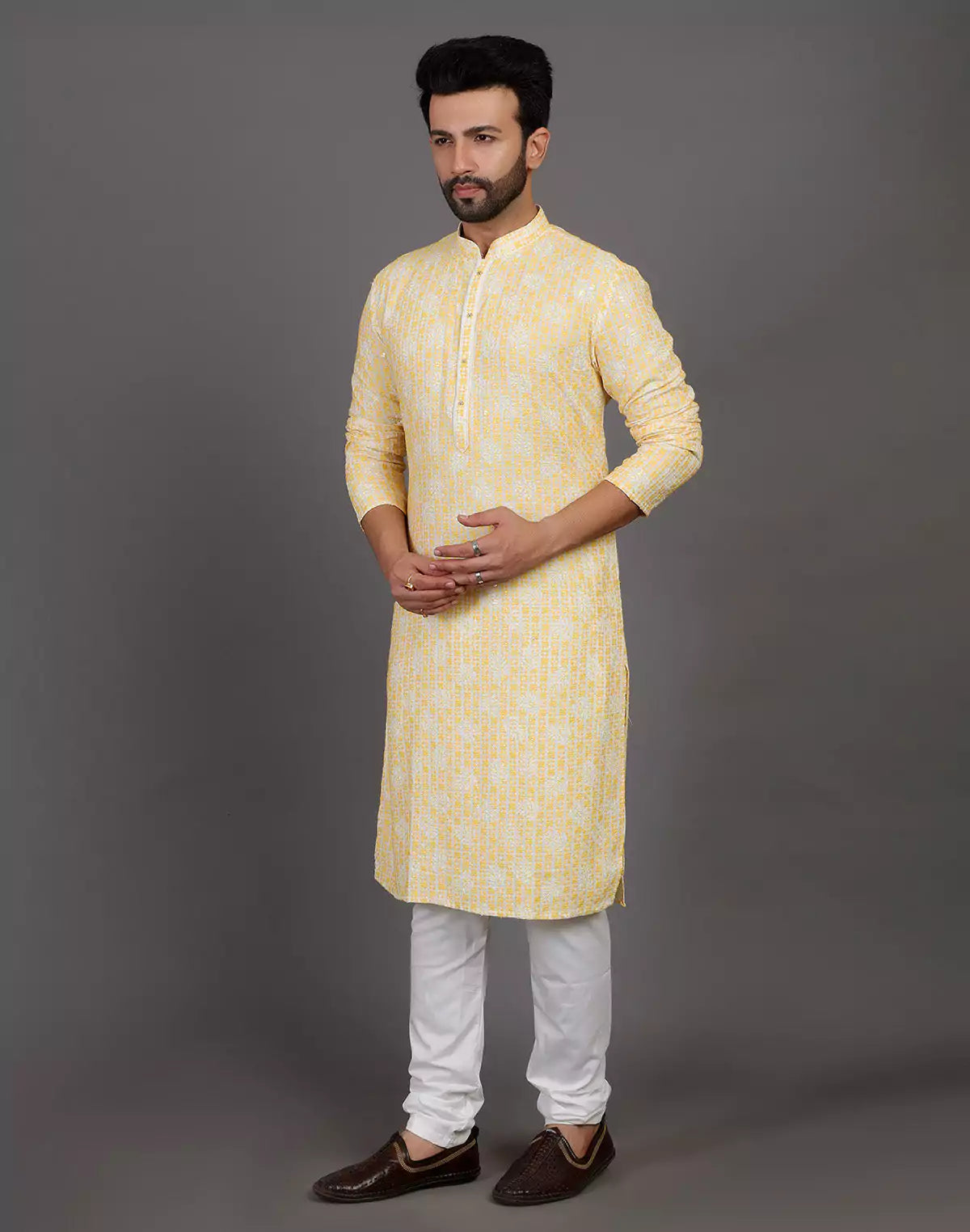 Floral design embroidery work cotton silk yellow color kurta pyjama set