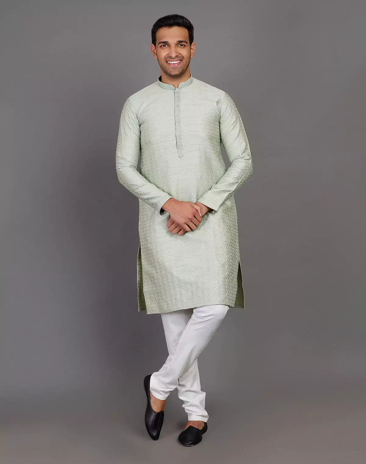 Pista Green Thread With Brocade Design Soft Silk Kurta Set