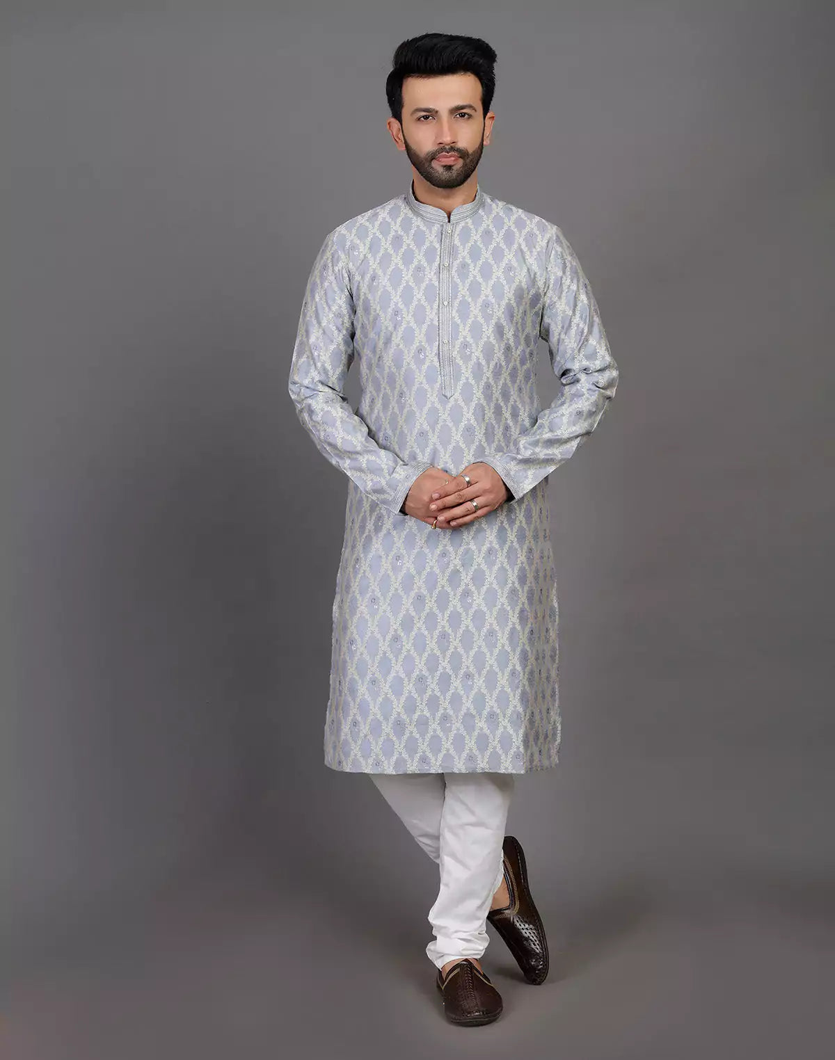 All Over Floral Weaving Work Grey Elegant Kurta Pyjama Set