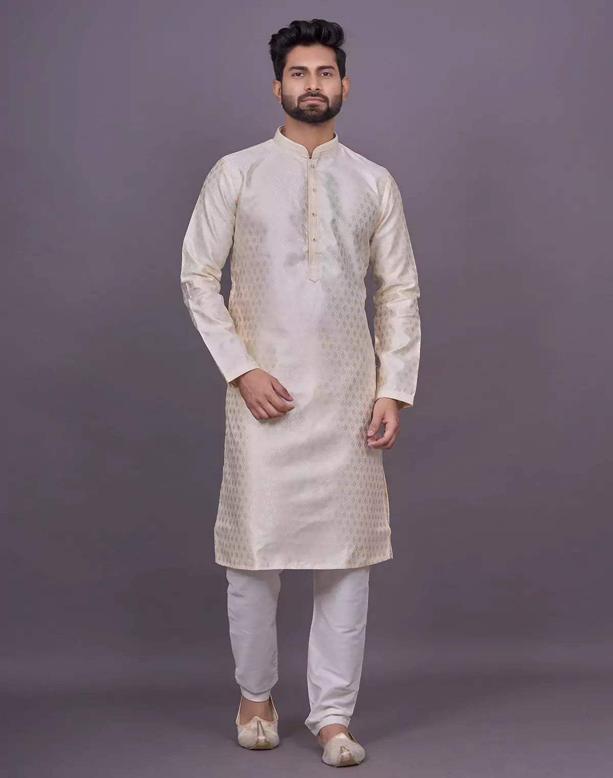 Cream Floral Self Design Thread work Soft Silk Kurta Set