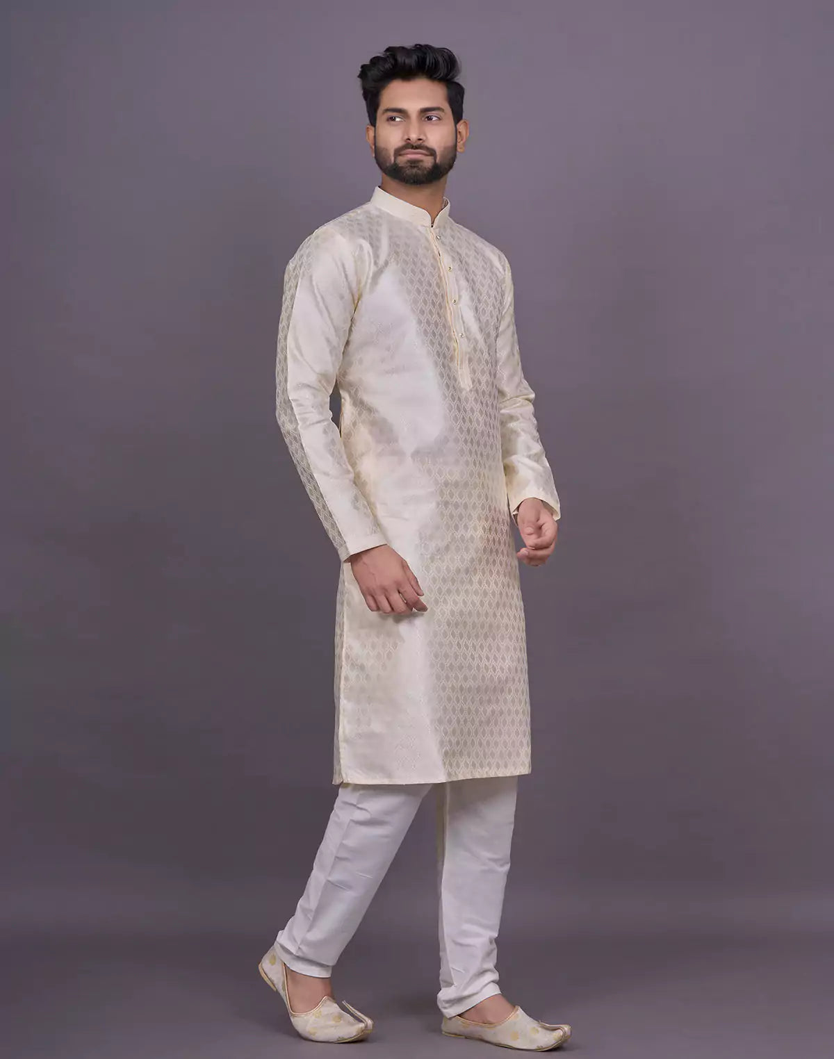 Cream Floral Self Design Thread work Soft Silk Kurta Set