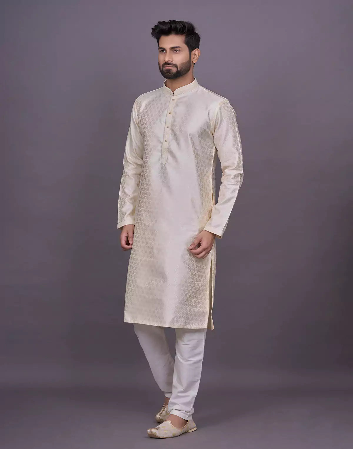 Cream Floral Self Design Thread work Soft Silk Kurta Set