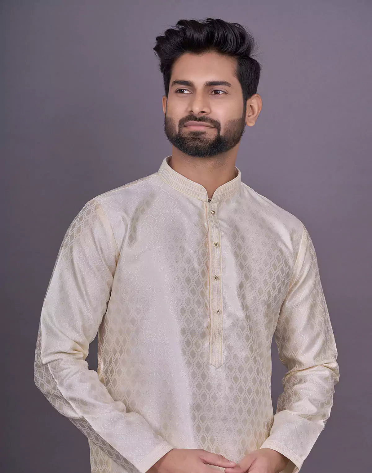Cream Floral Self Design Thread work Soft Silk Kurta Set