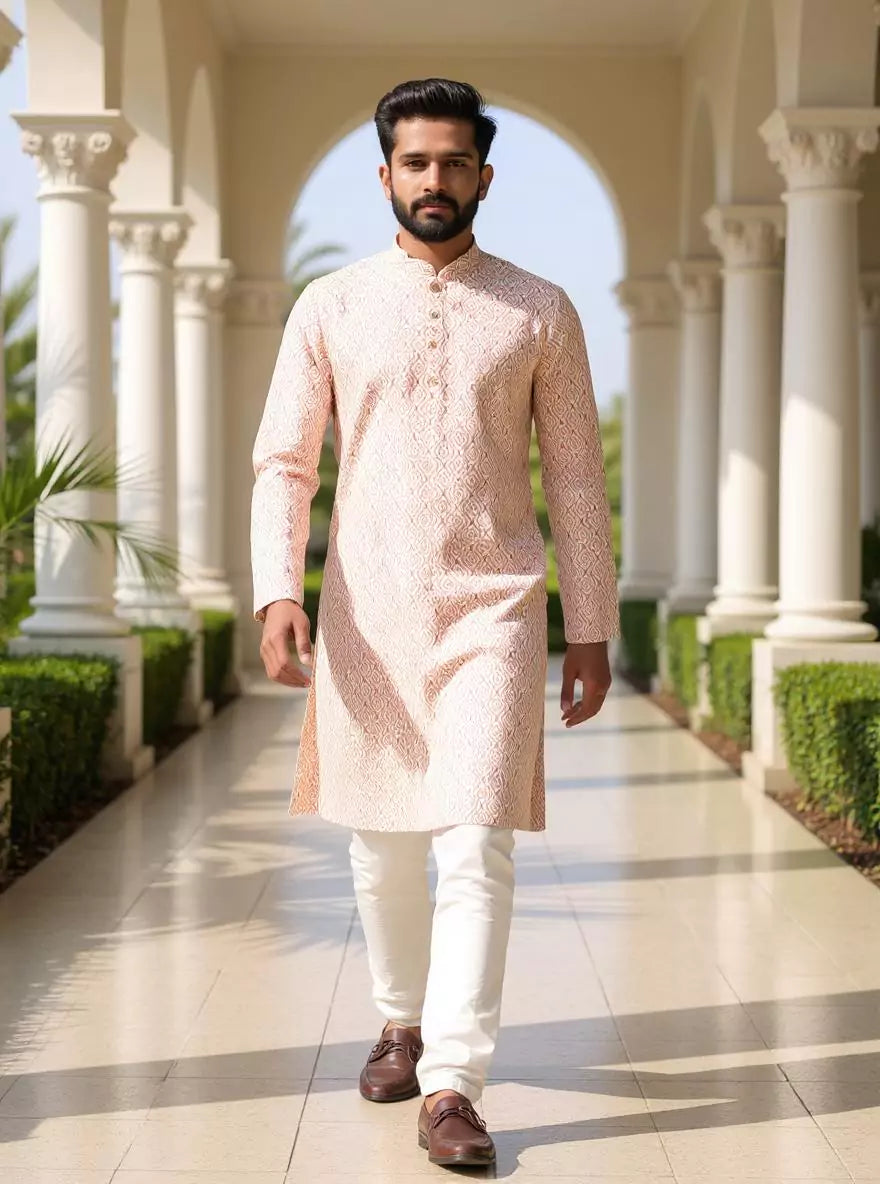 Pink Trellis Patterned Cotton Kurta with Pyjama Set