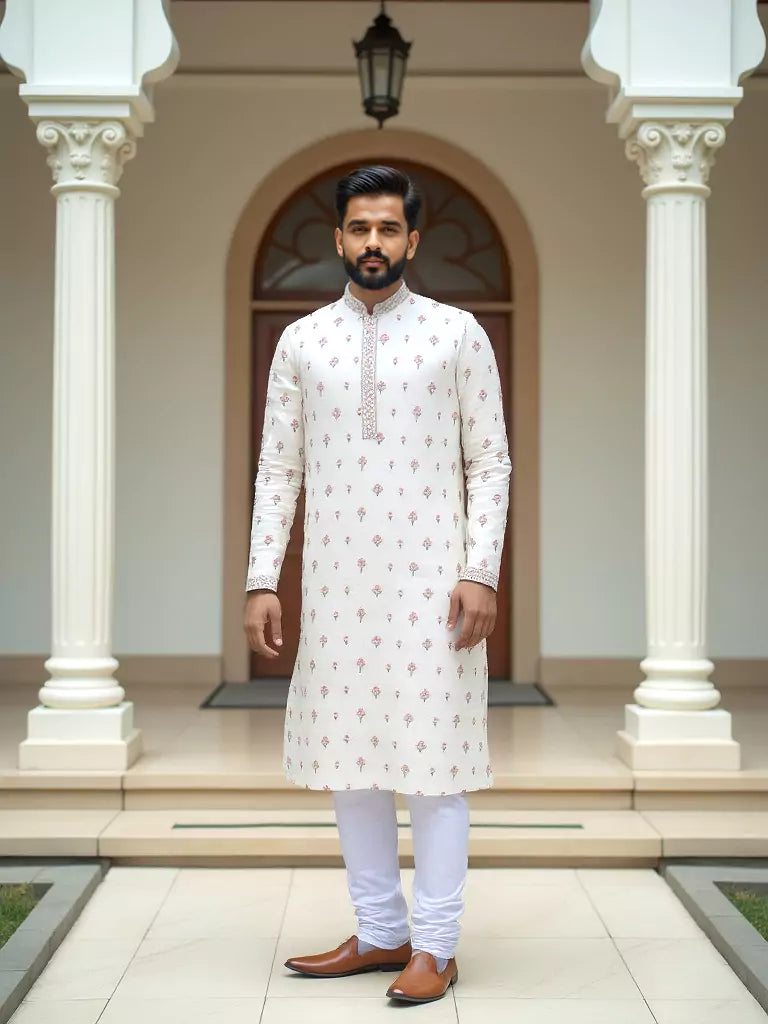 Cream Floral Elegant Embroidery Work Raw Silk Kurta Pyjama Set