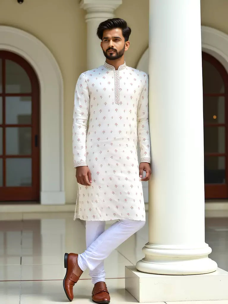 Cream Floral Elegant Embroidery Work Raw Silk Kurta Pyjama Set