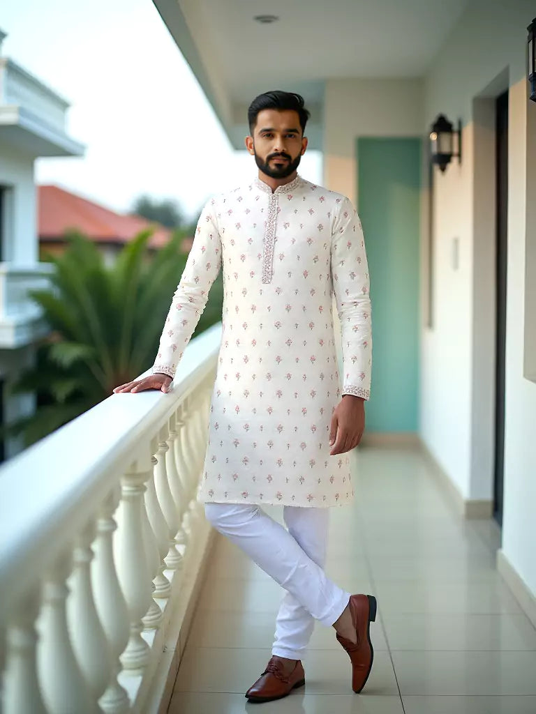 Cream Floral Elegant Embroidery Work Raw Silk Kurta Pyjama Set