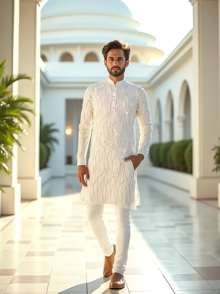 White All Over Sequence work Raw Silk Elegant Kurta Pyjama Set