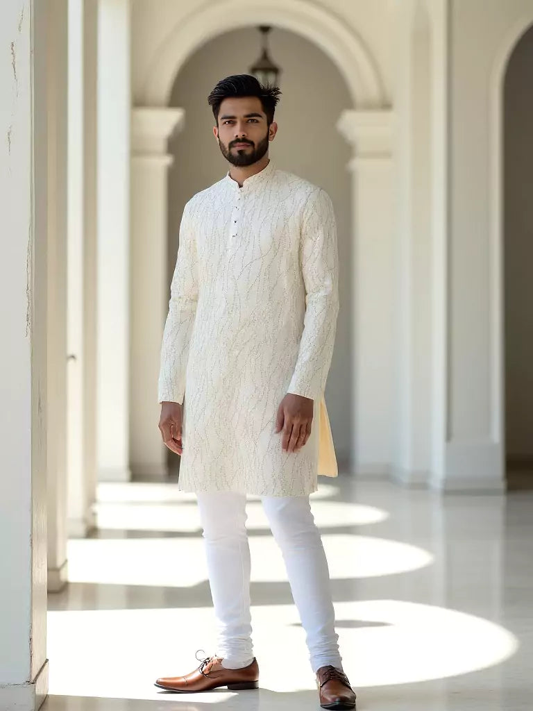 White All Over Sequence work Raw Silk Elegant Kurta Pyjama Set