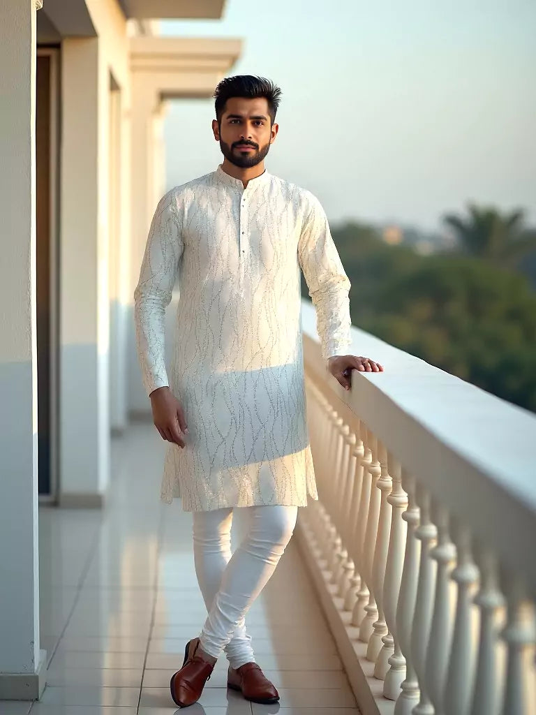 White All Over Sequence work Raw Silk Elegant Kurta Pyjama Set