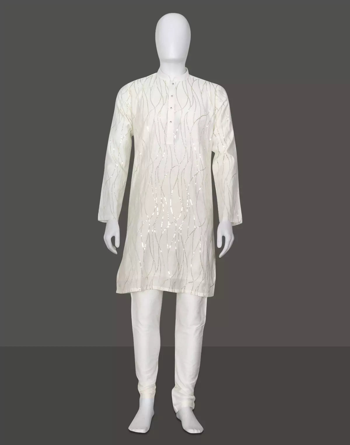 White All Over Sequence work Raw Silk Elegant Kurta Pyjama Set