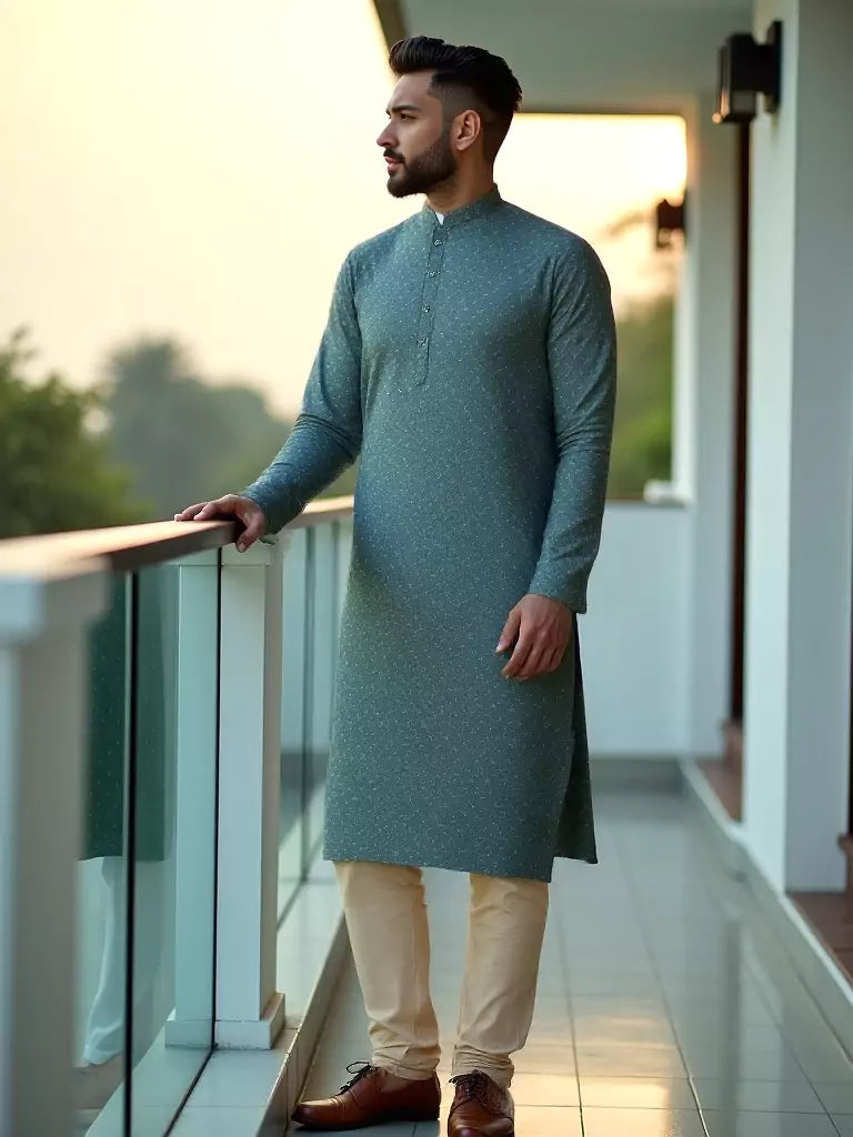 Dark Green Self Highlighted Jacquard Kurta Pyjama Set