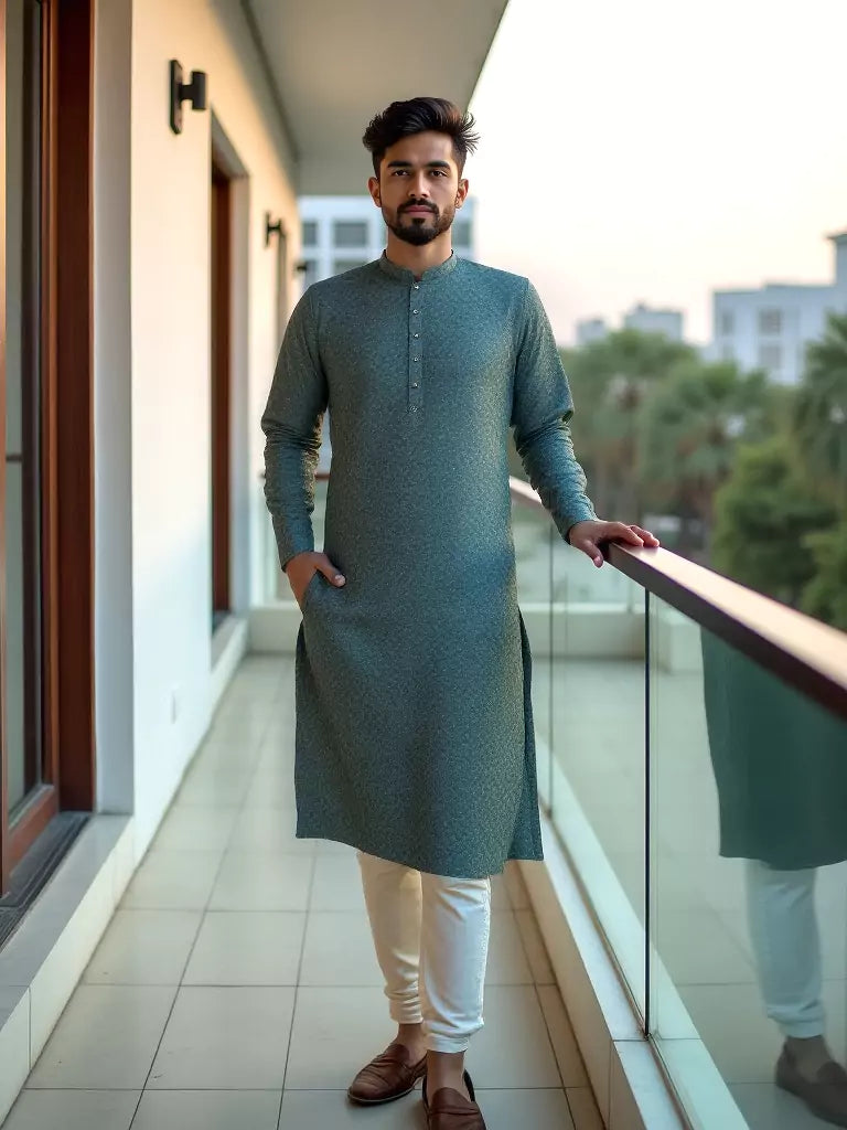 Dark Green Self Highlighted Jacquard Kurta Pyjama Set