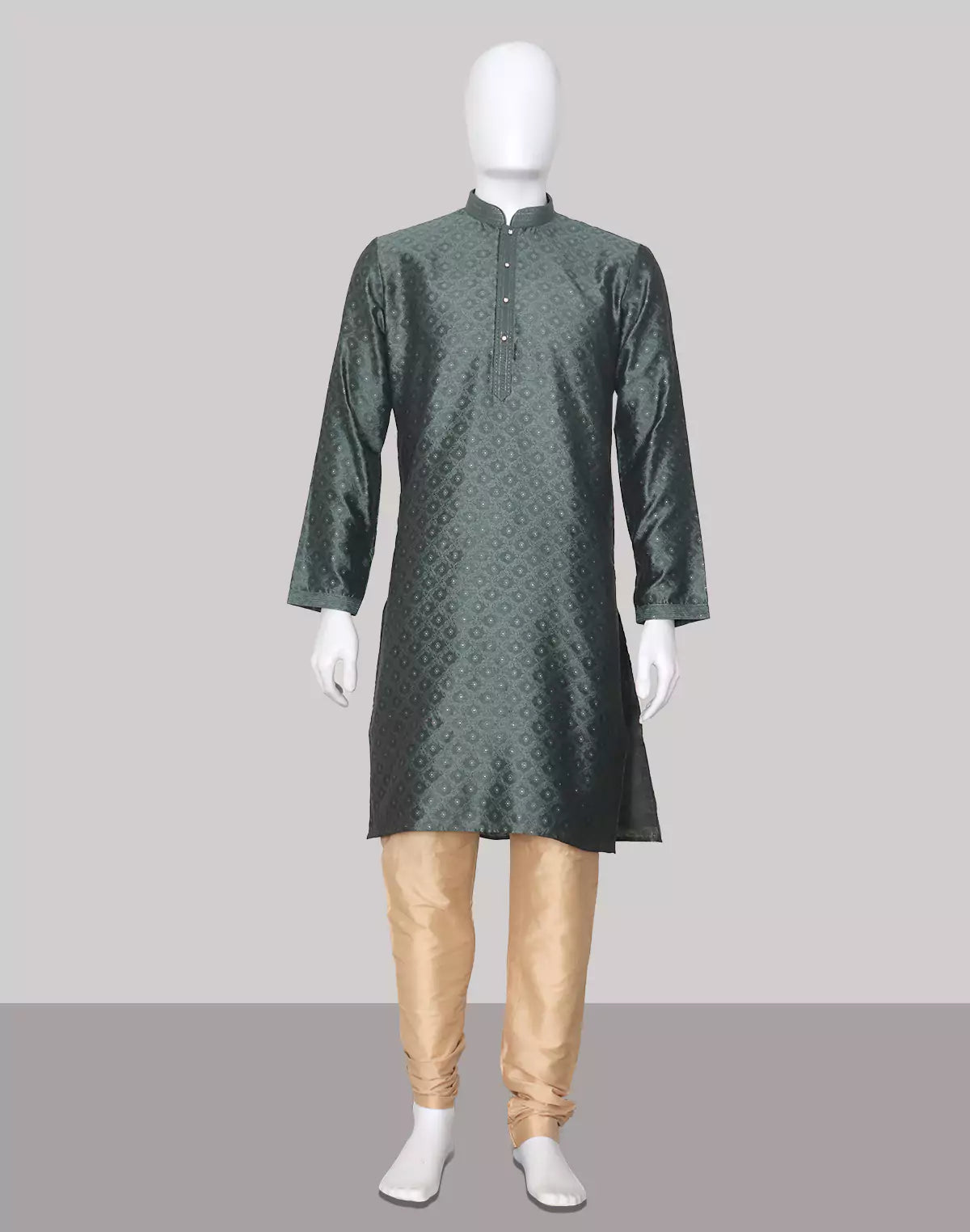 Dark Green Self Highlighted Jacquard Kurta Pyjama Set
