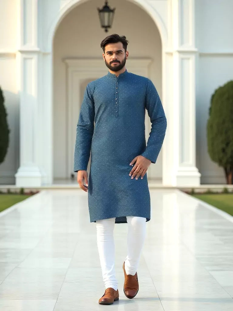 Elegant Blue Self Highlighted Jacquard Kurta Pyjama Set