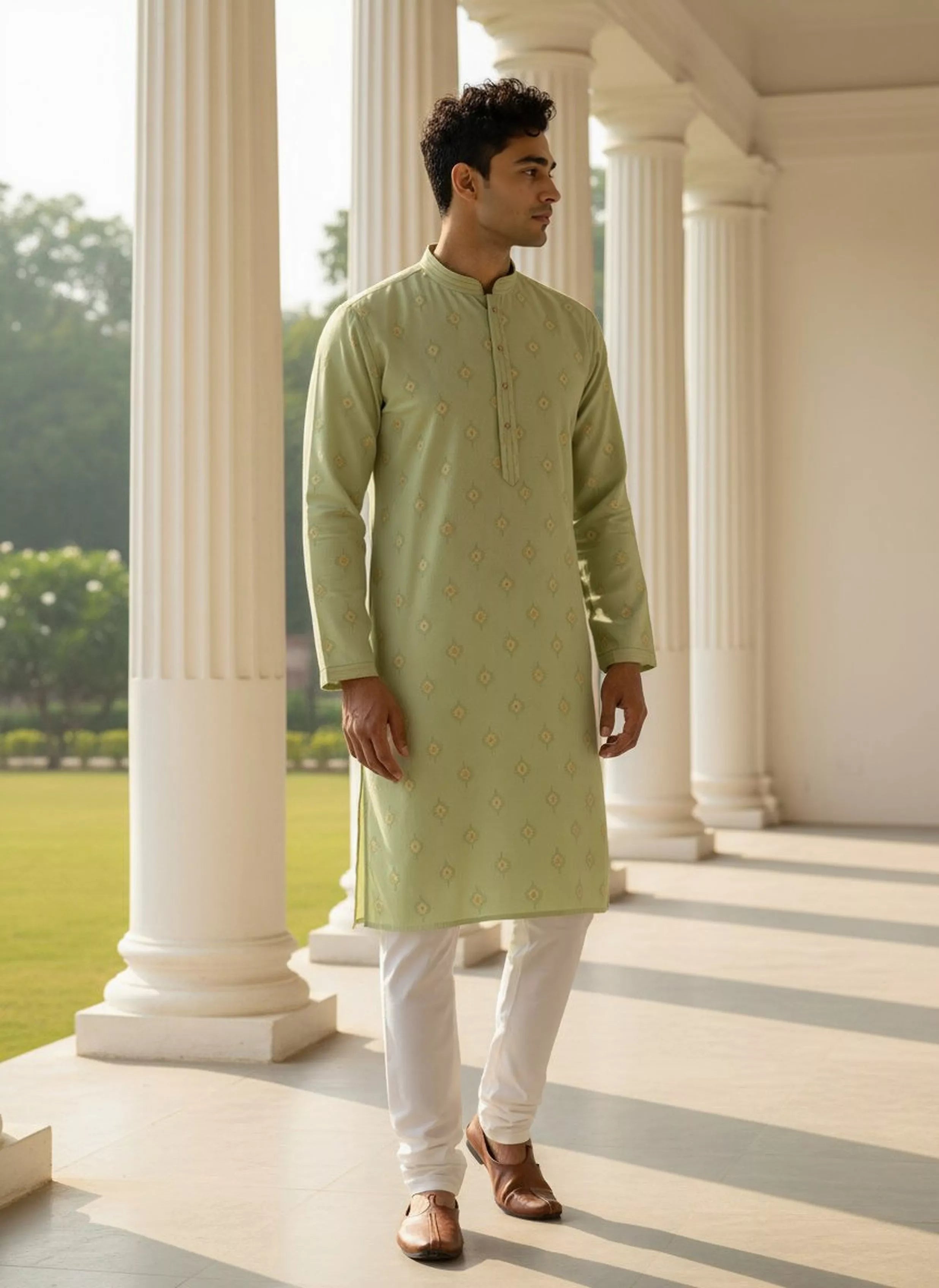 Floral Motifs Pista Coloured Cotton Kurta Pyjamas