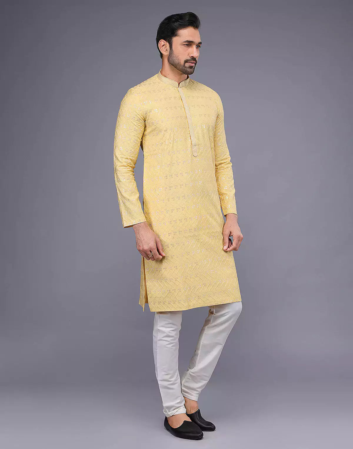 Elegant Yellow Embellished With Thread Work Kurta Pyjama Set
