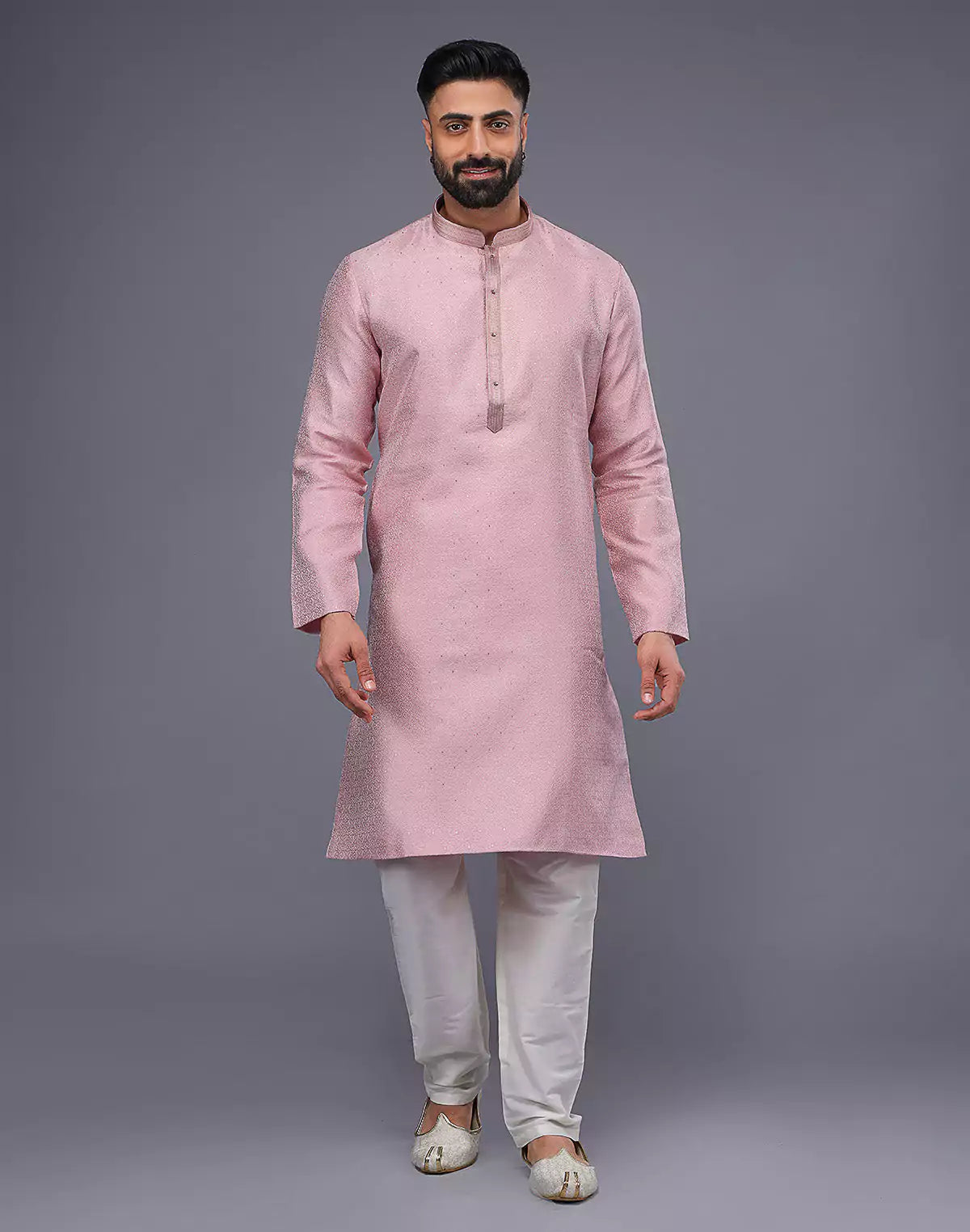 Light Pink Soft Silk Self Design Kurta Pyjama Set