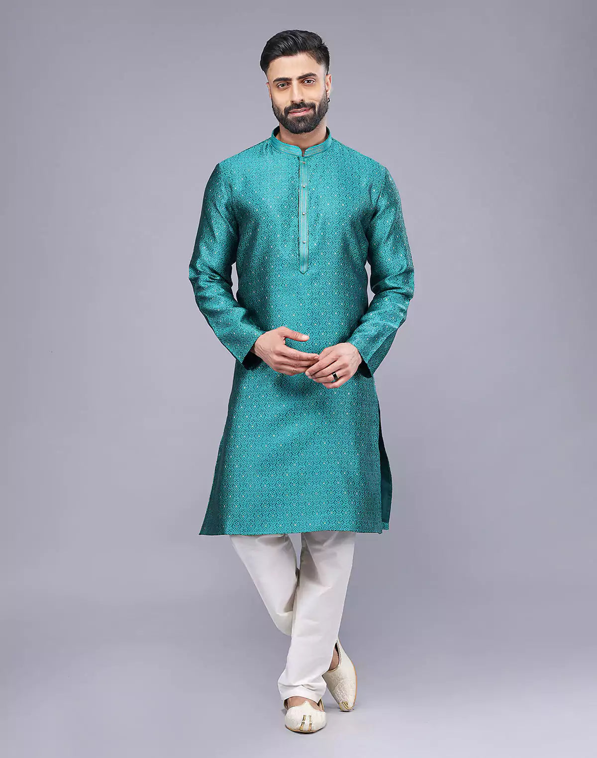 Rama Green Self Floral Design Soft Silk Kurta Set