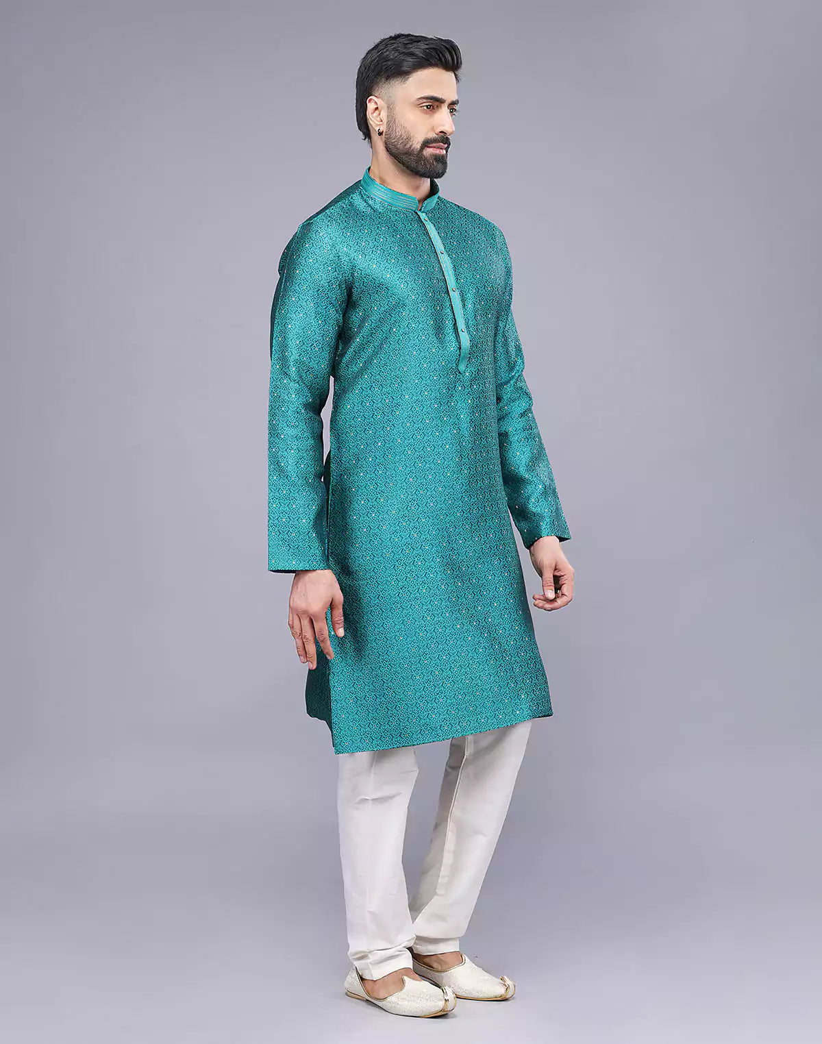 Rama Green Self Floral Design Soft Silk Kurta Set