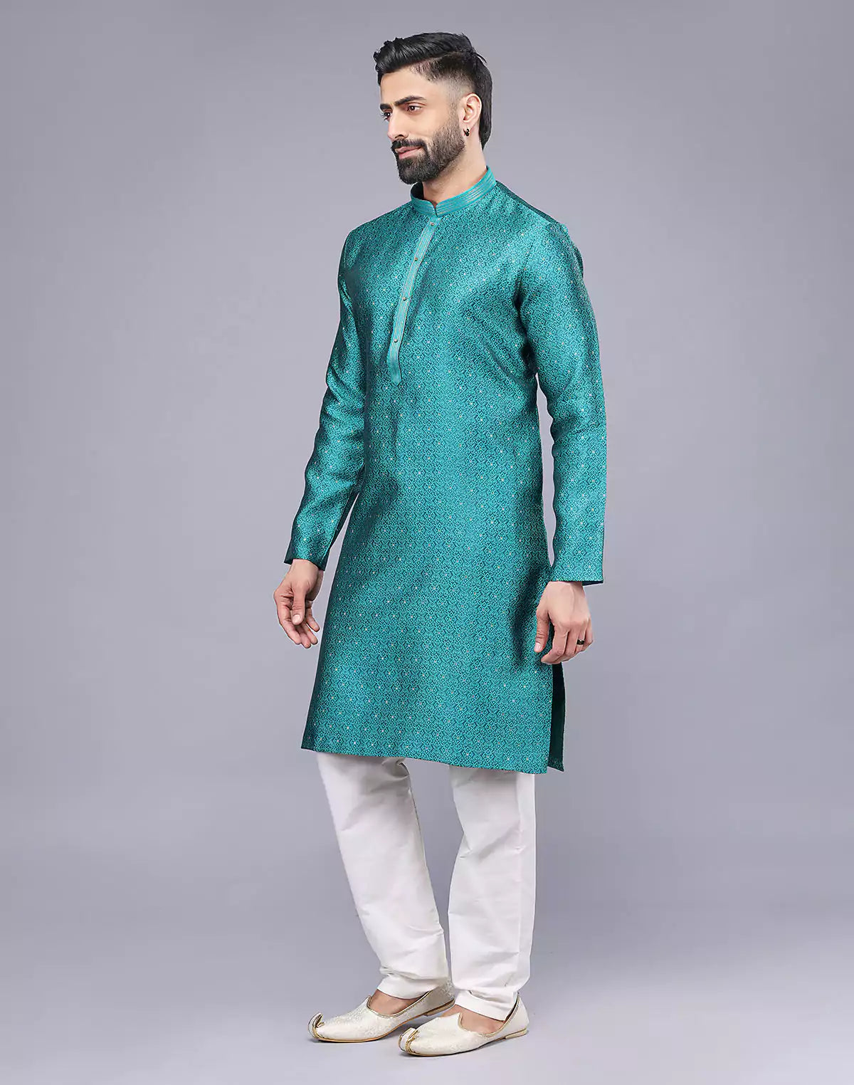 Rama Green Self Floral Design Soft Silk Kurta Set