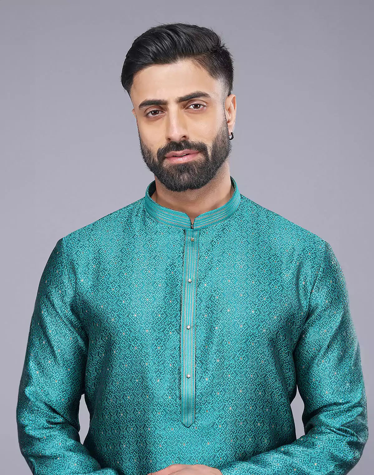 Rama Green Self Floral Design Soft Silk Kurta Set