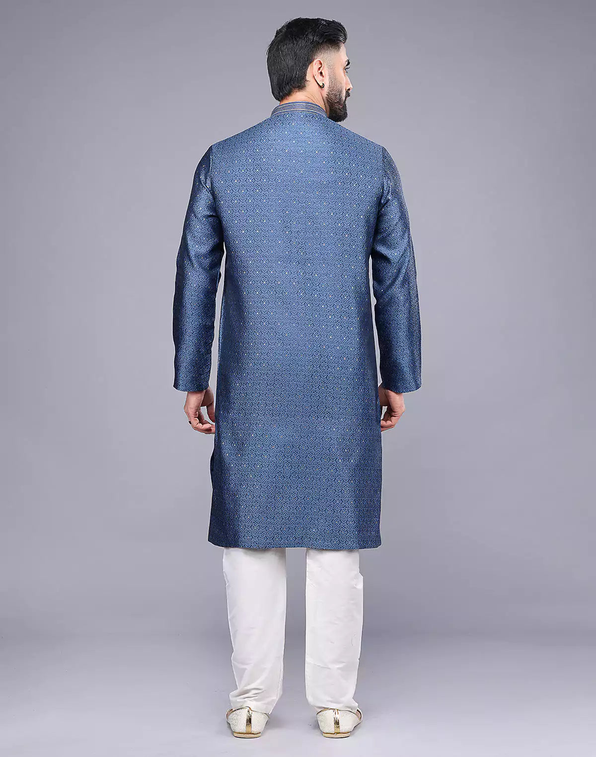 All Over Self Floral Design Soft Silk Rama Blue Kurta Set