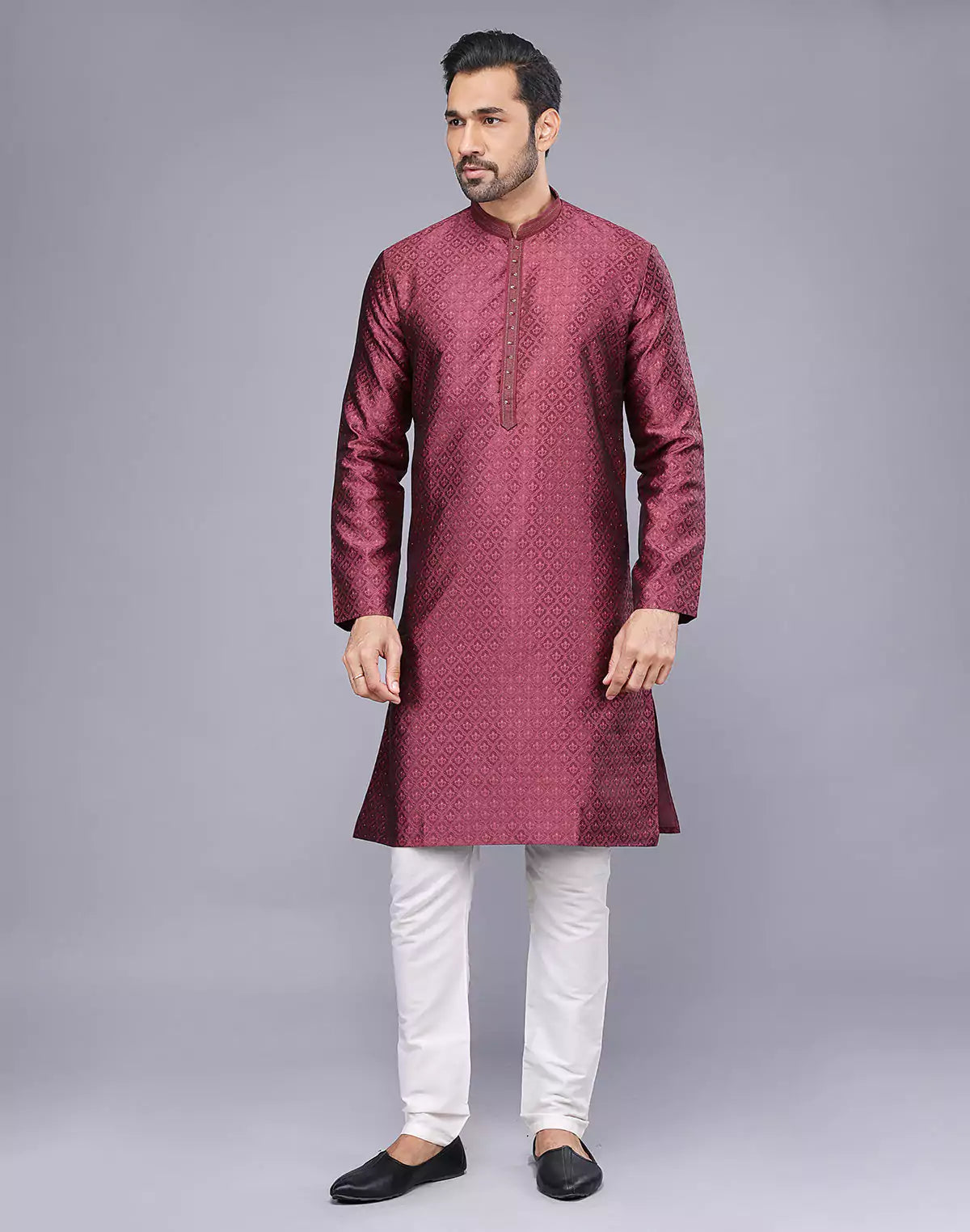 Soft Silk Maroon Self Brocade Design Thread Embroidery Kurta Set